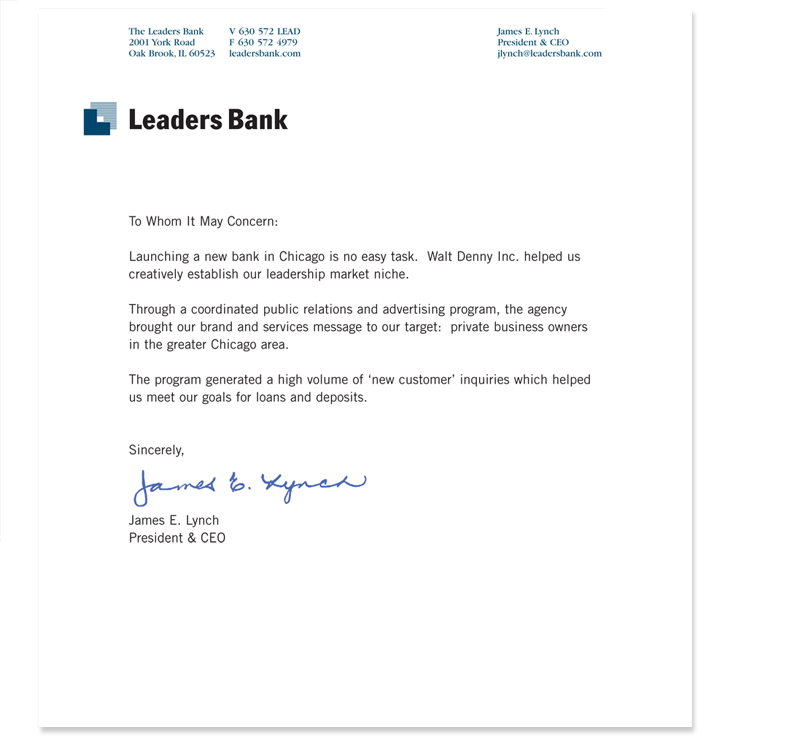Leaders Bank Testimonial Letter