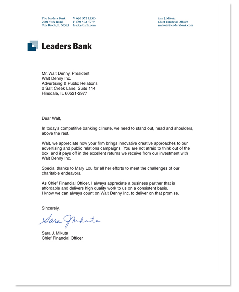 Leaders Bank Testimonial Letter