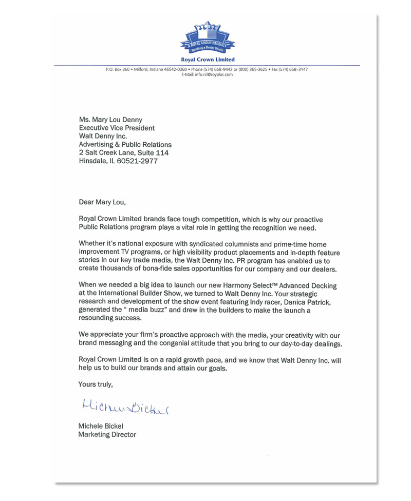 Royal Outdoor Products Testimonial Letter